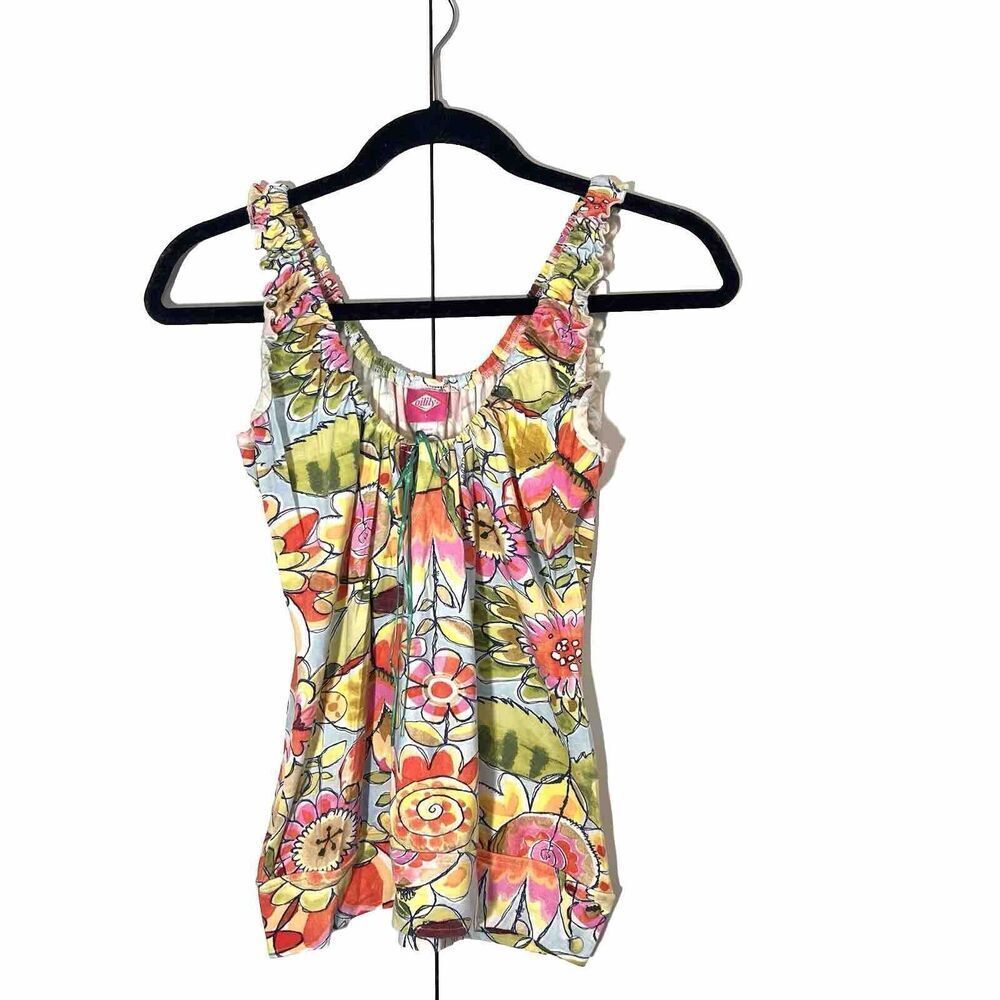 Oilily Top Women’s L Floral Multicolor Sleeveless Abstract‎ Art To Wear Coquette